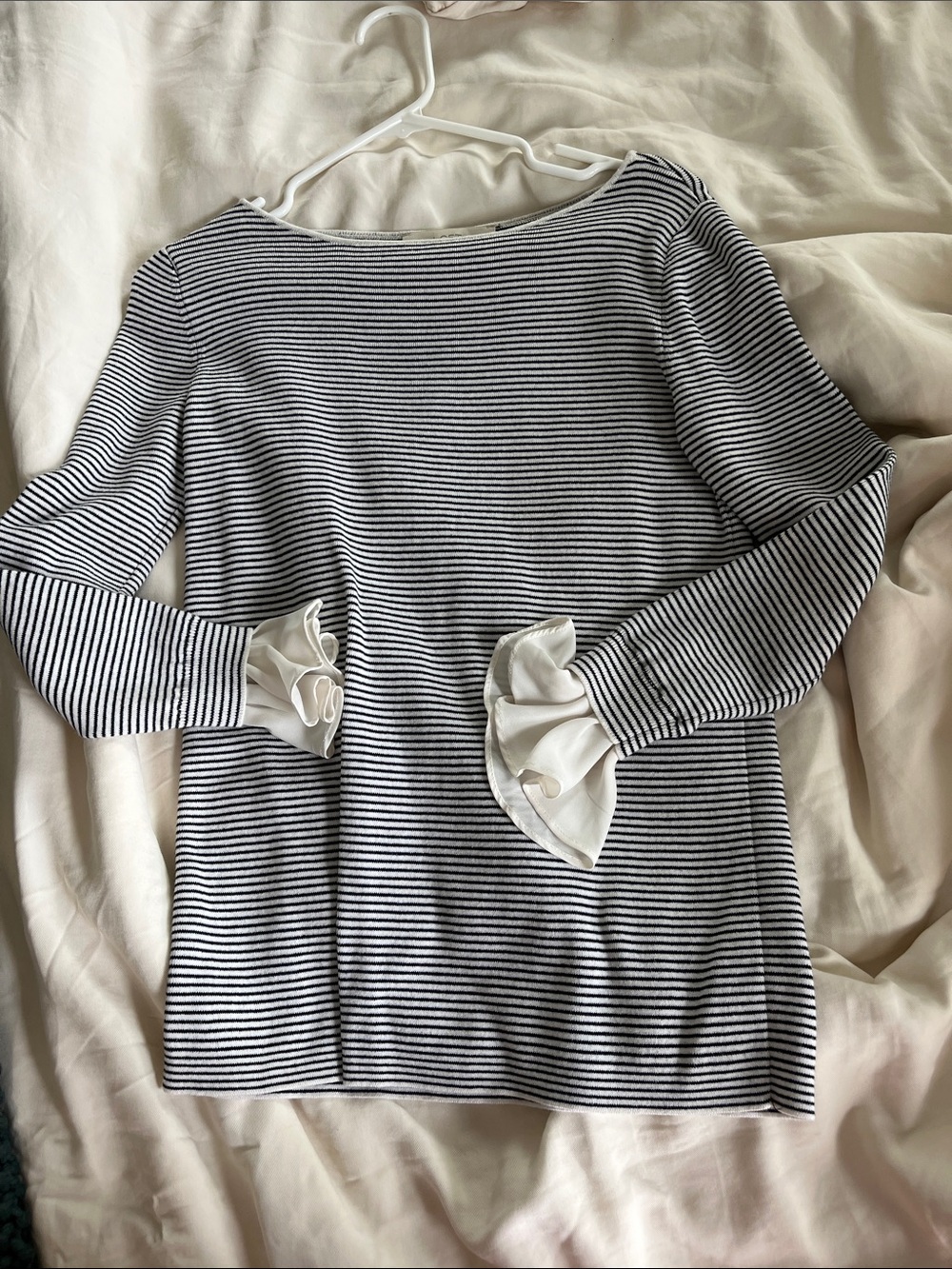 LOFT Black & White Striped Crewneck Sweater with Ruffle Cuffs
